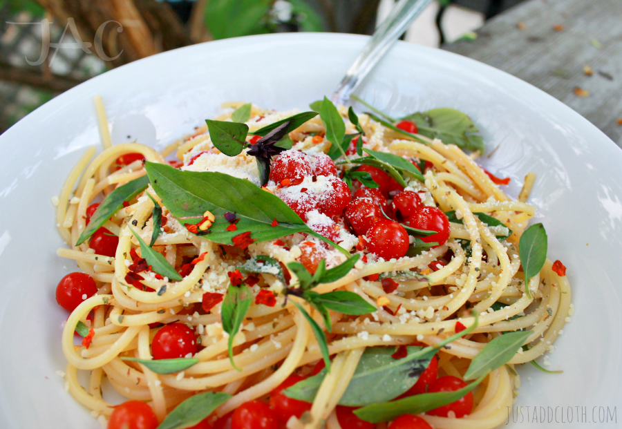 Pasta with Fresh Basil & Sweet Pea Currant Tomtoes 1