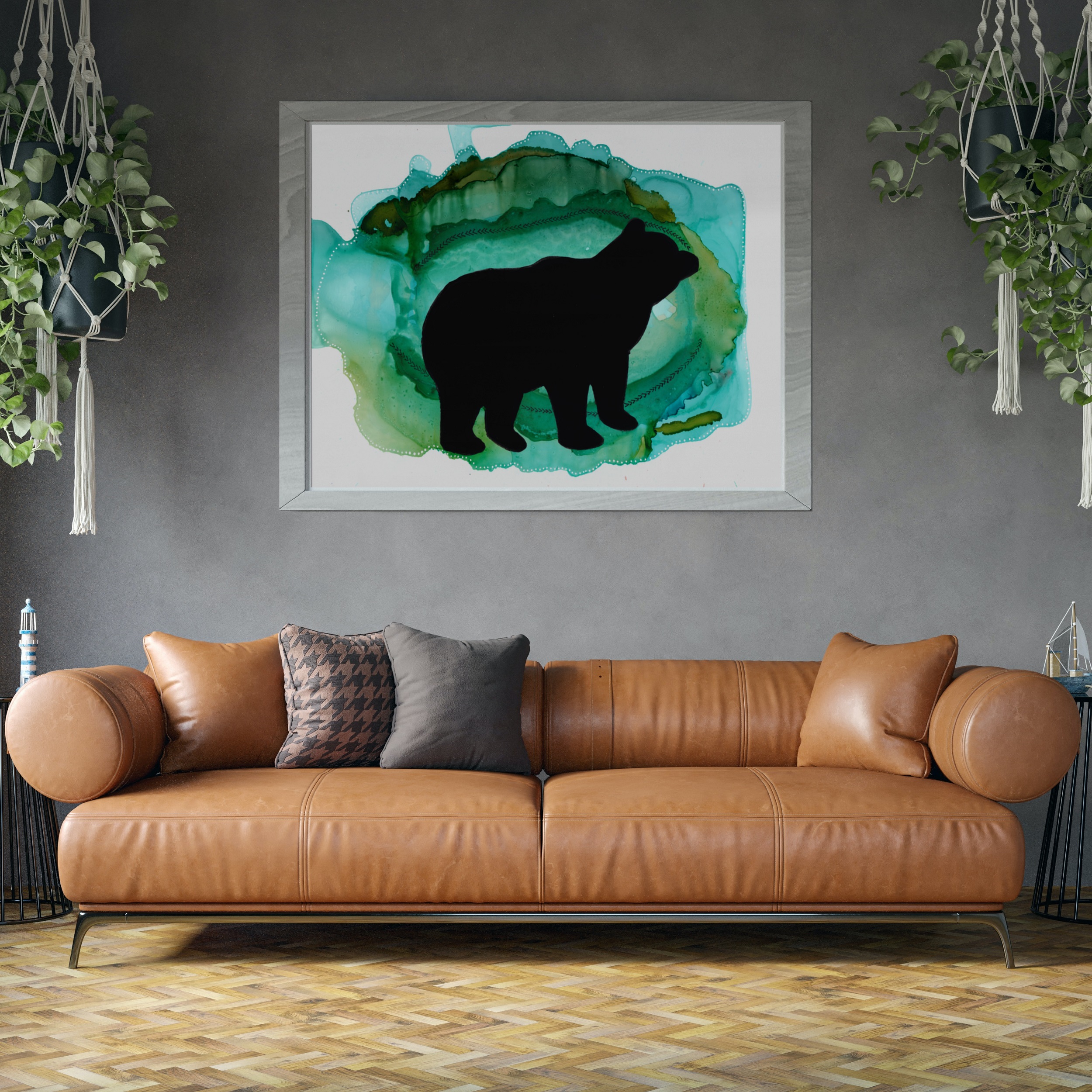 bear artwork in living room