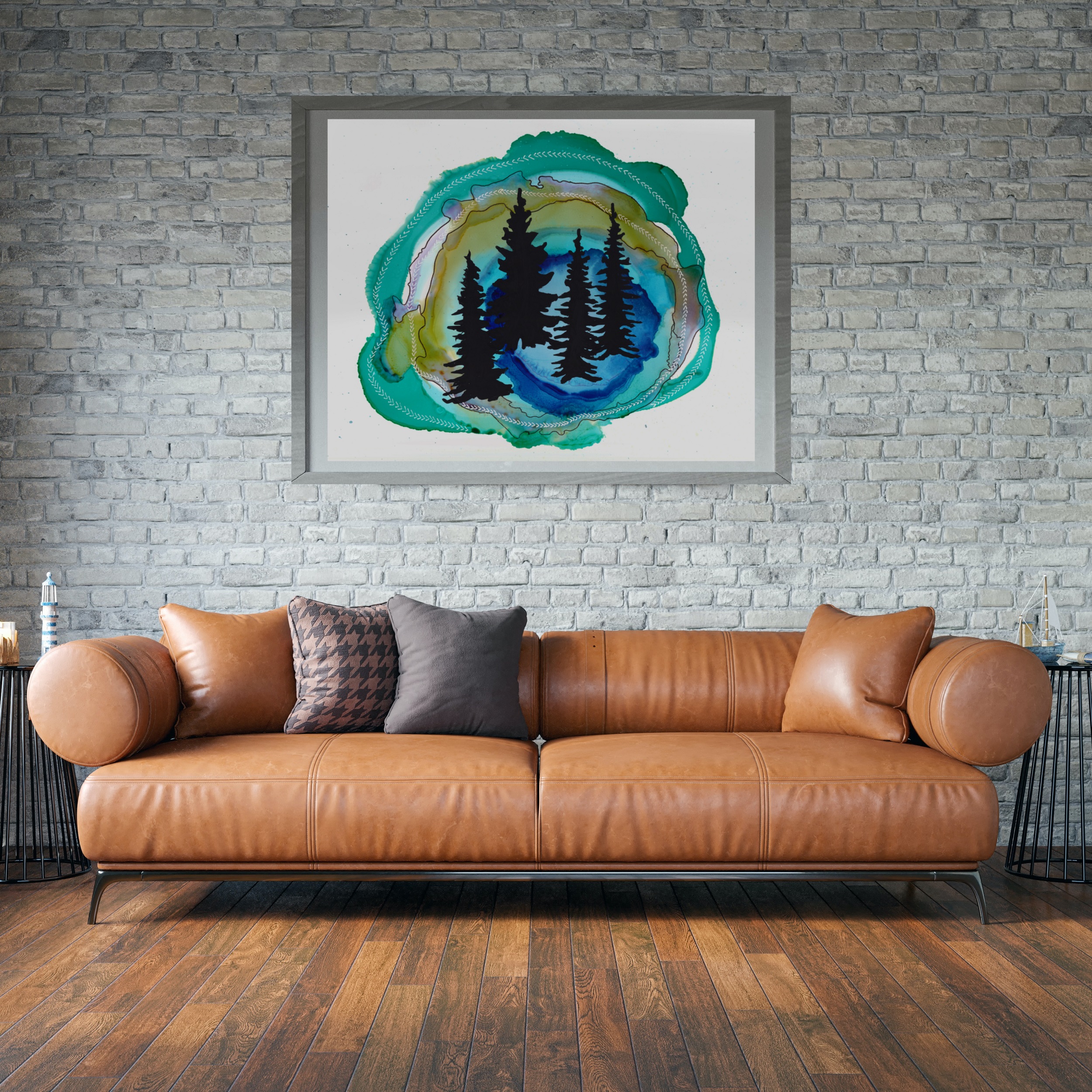 woods pine tree art in living room
