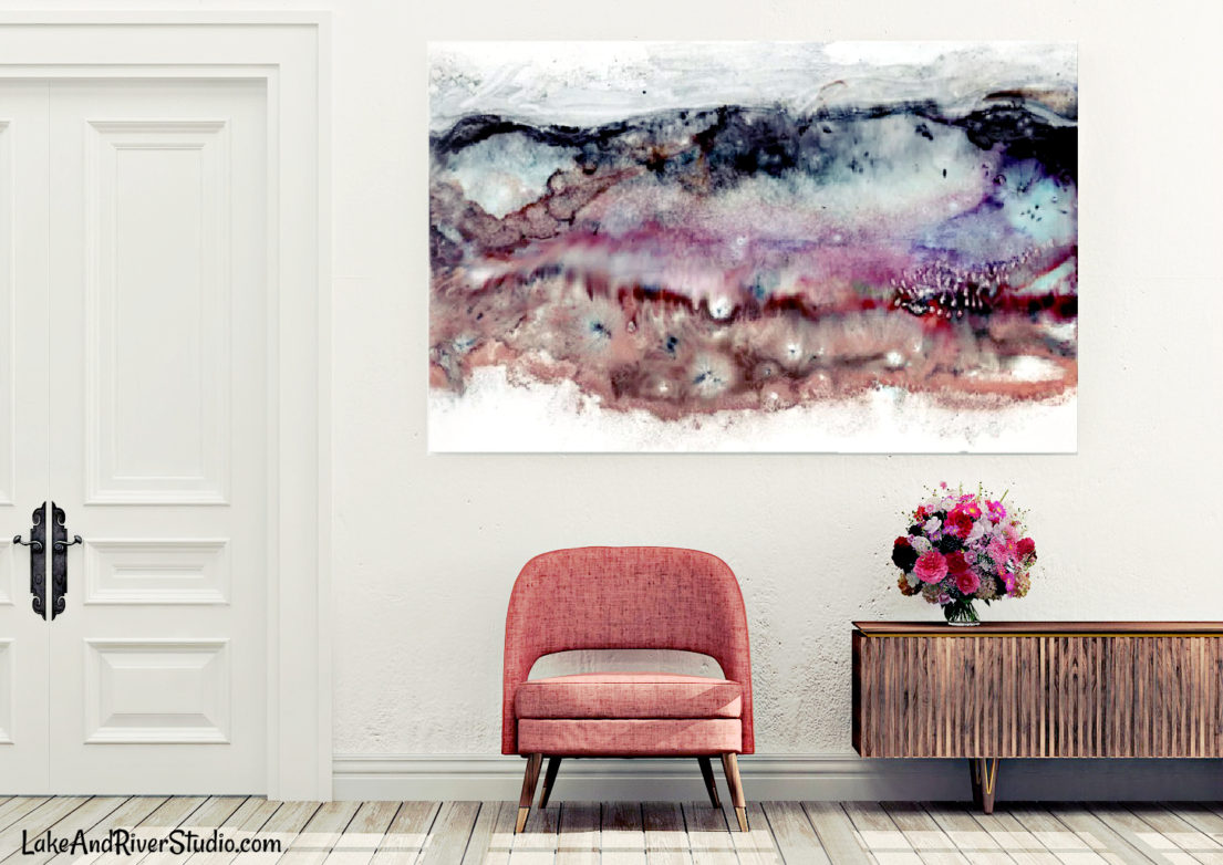 abstract black and mauve painting over chair