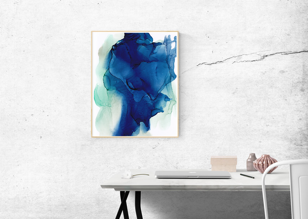 indigo blue abstract painting over desk