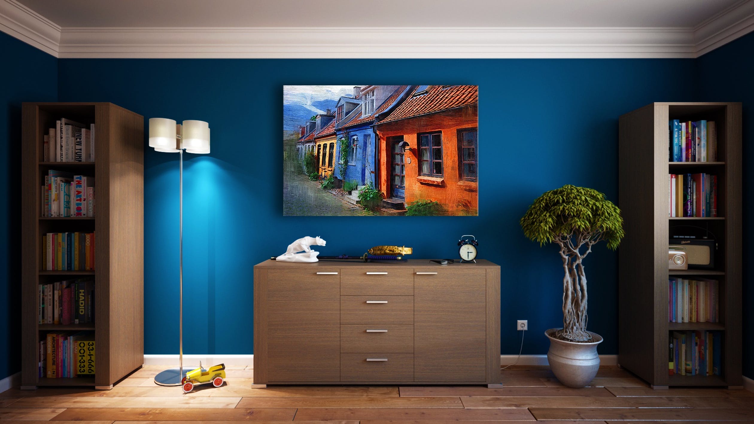 large art on blue wall