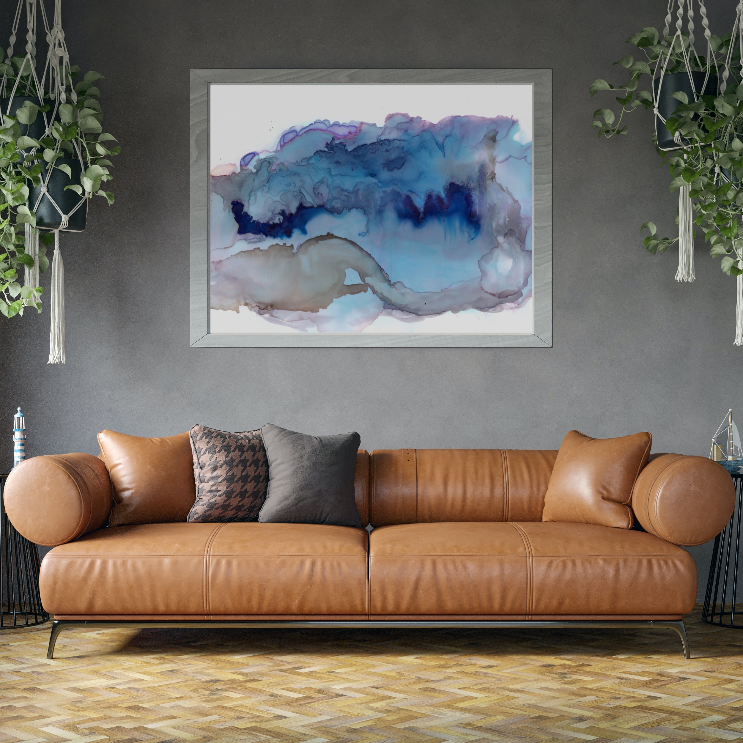 blue abstract minnesota art in living room
