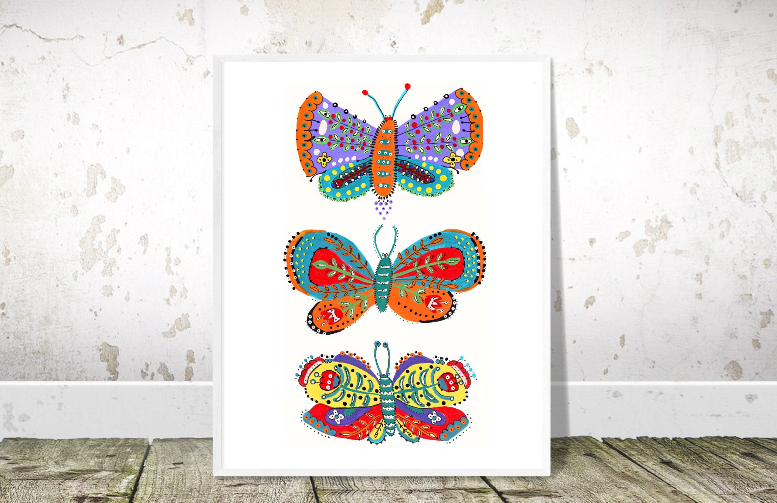 Folk Art Style: Butterfly Trio Print with Heaps of Color