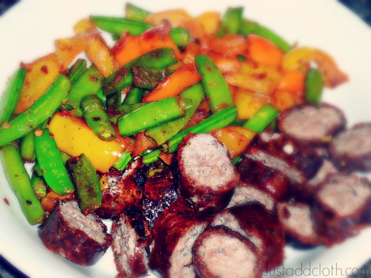 30 Easy Paleo Inspired Meals: Sliced Bratwurst with Peapods & Bell Pepper