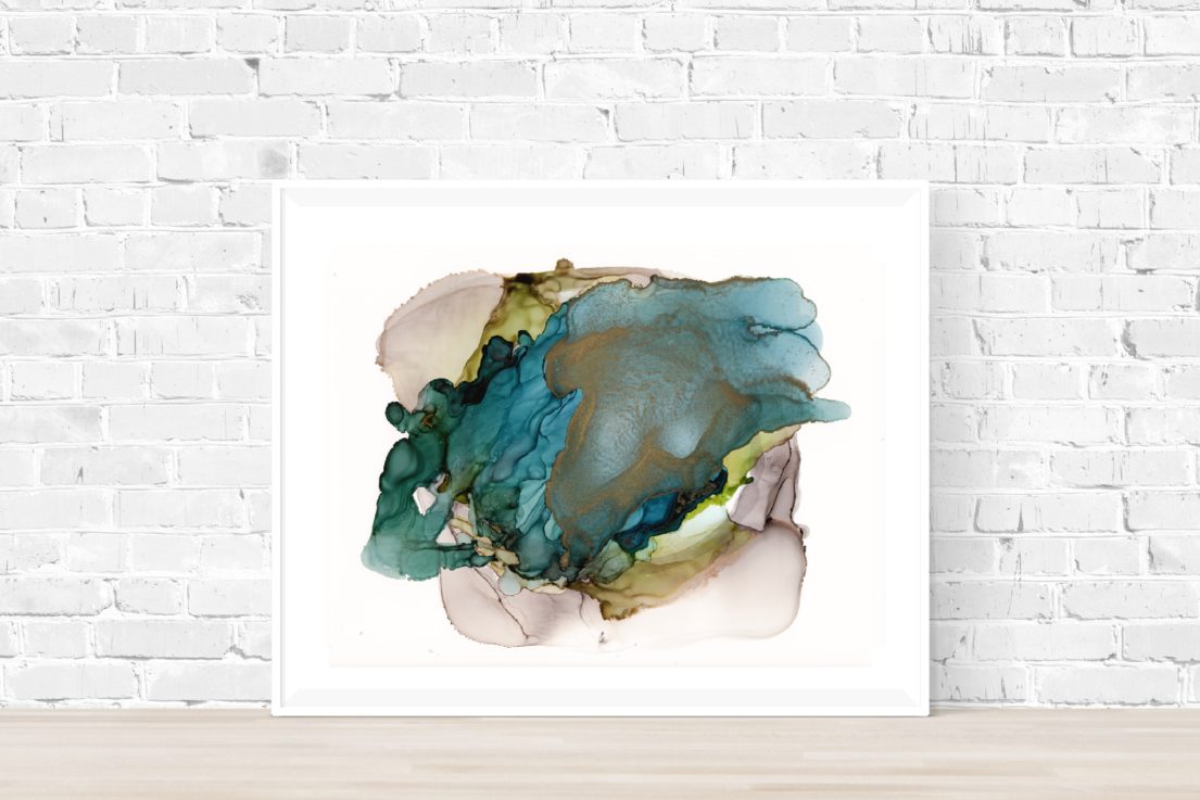 teal and gold art print in frame