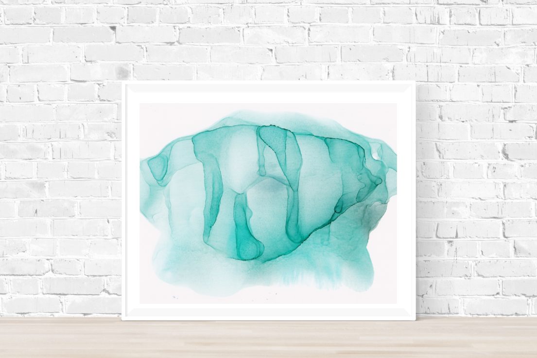 abstract turquoise ink paintng in frame