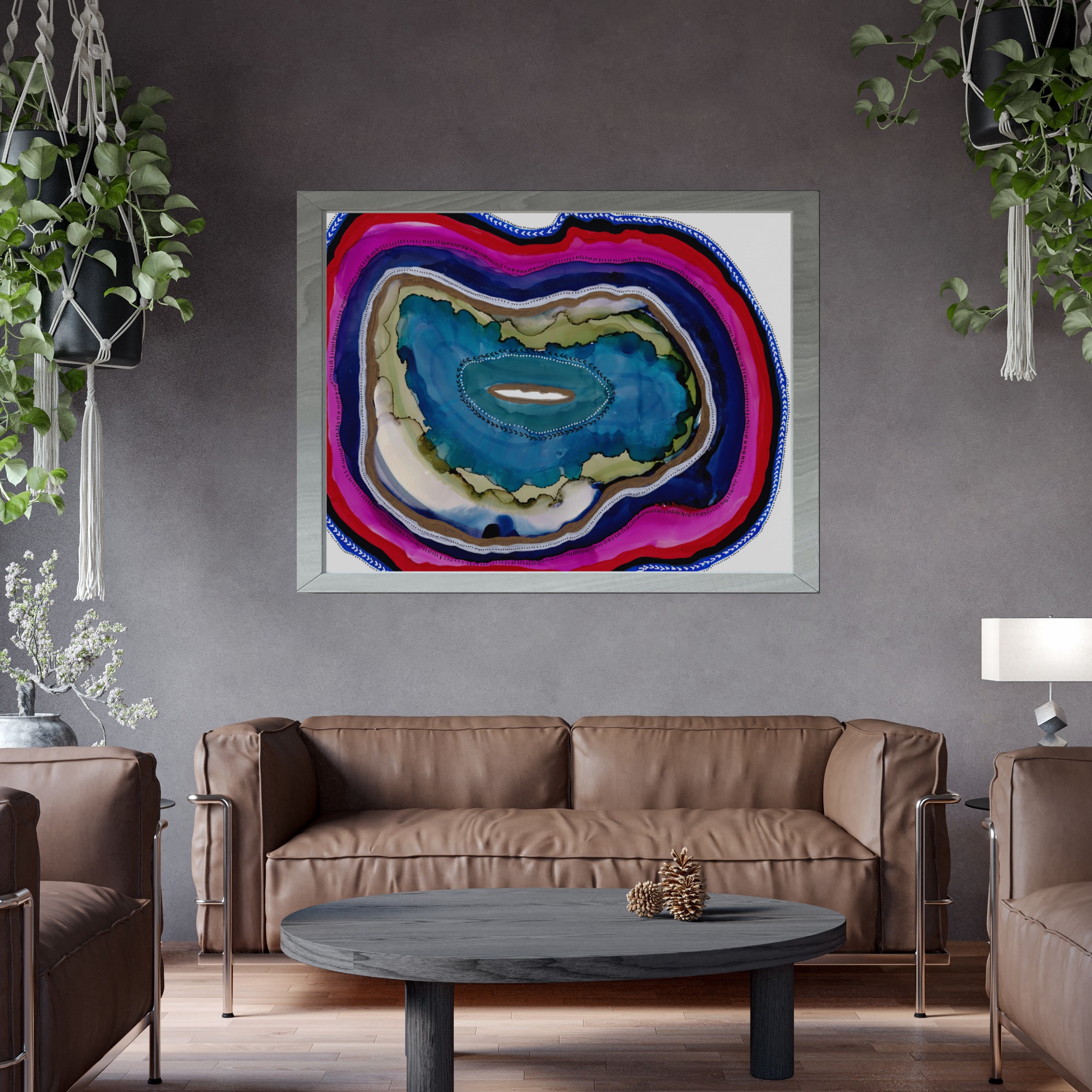 Agate Slice Geode Abstract Painting Art Print Blue Gold Magenta