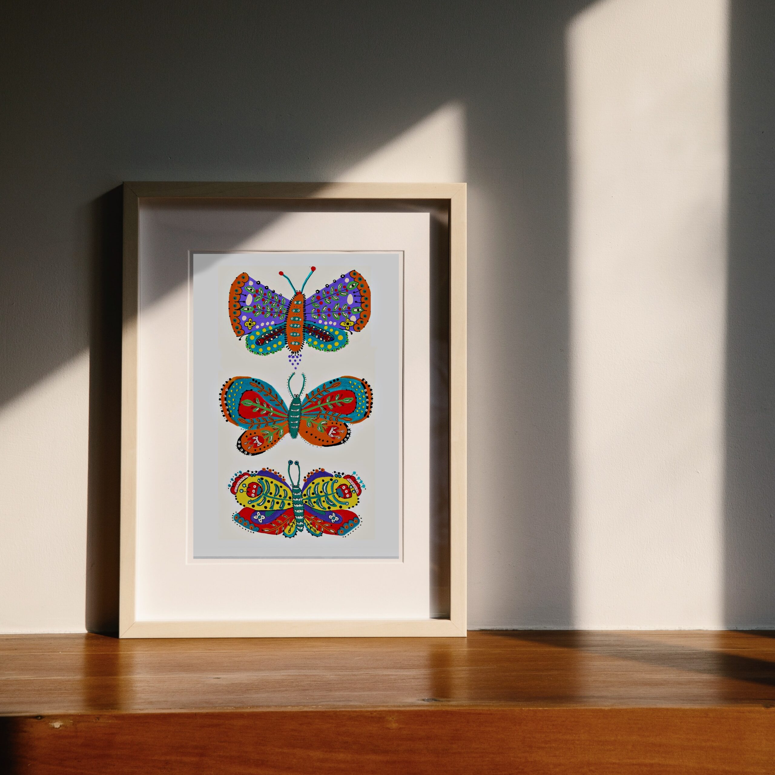 Folk Art Style Butterfly Trio Illustration Art Print