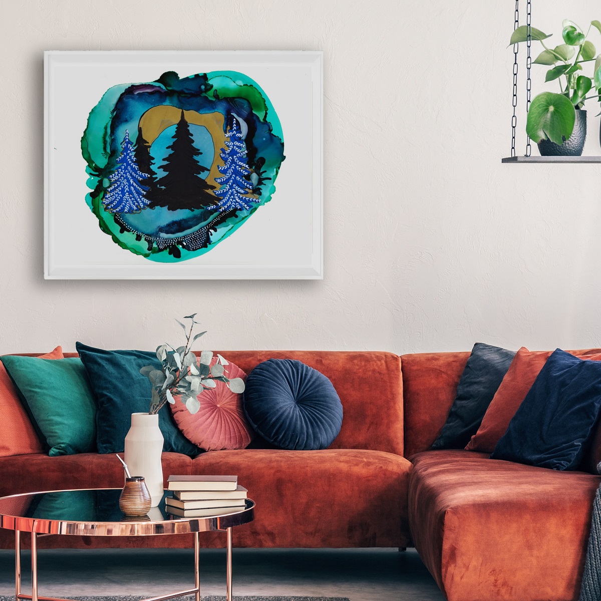 Nordic Pines Surreal Art Print with Gold and Blue