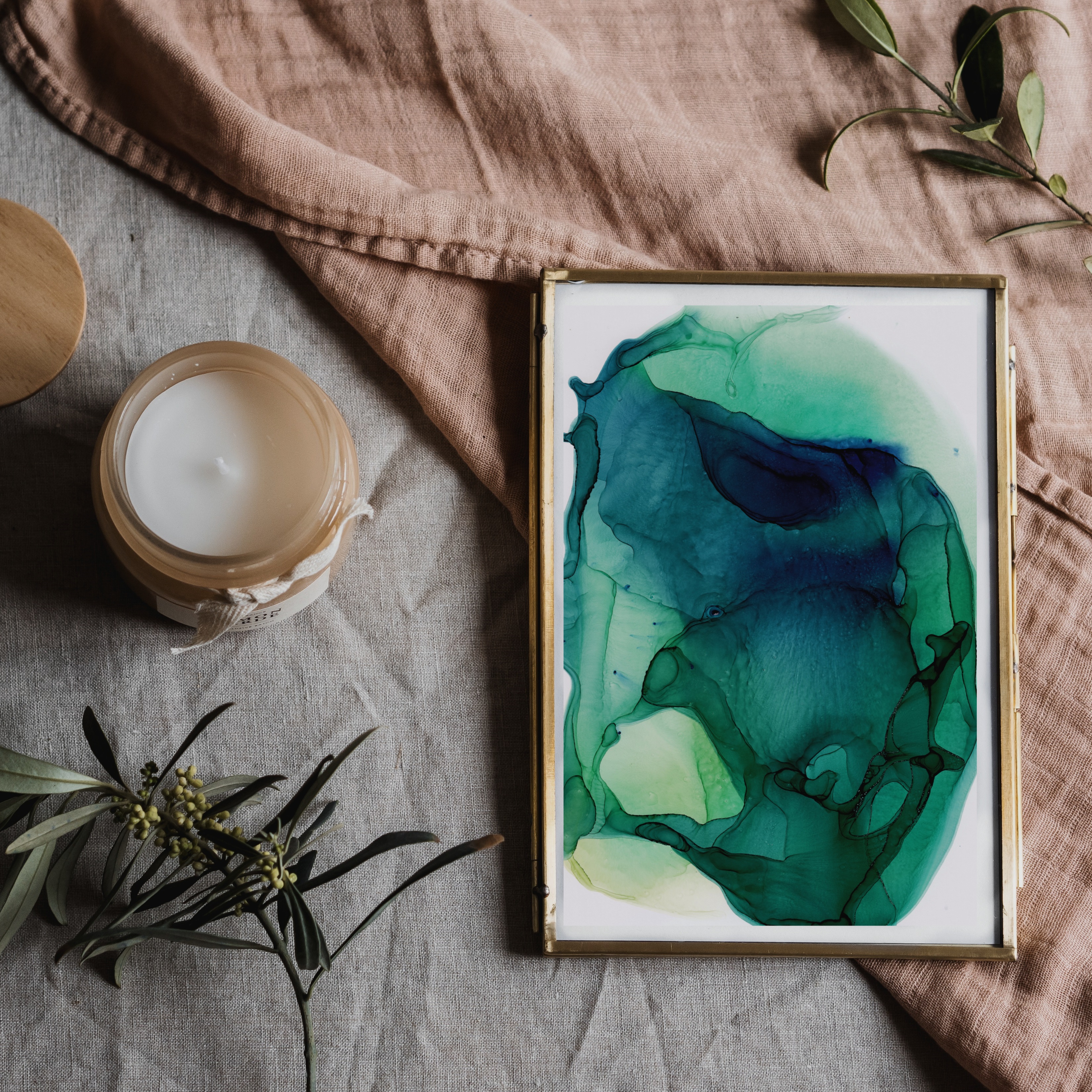 Teal Blue and Hunter Green Abstract Art Print, Hunting III