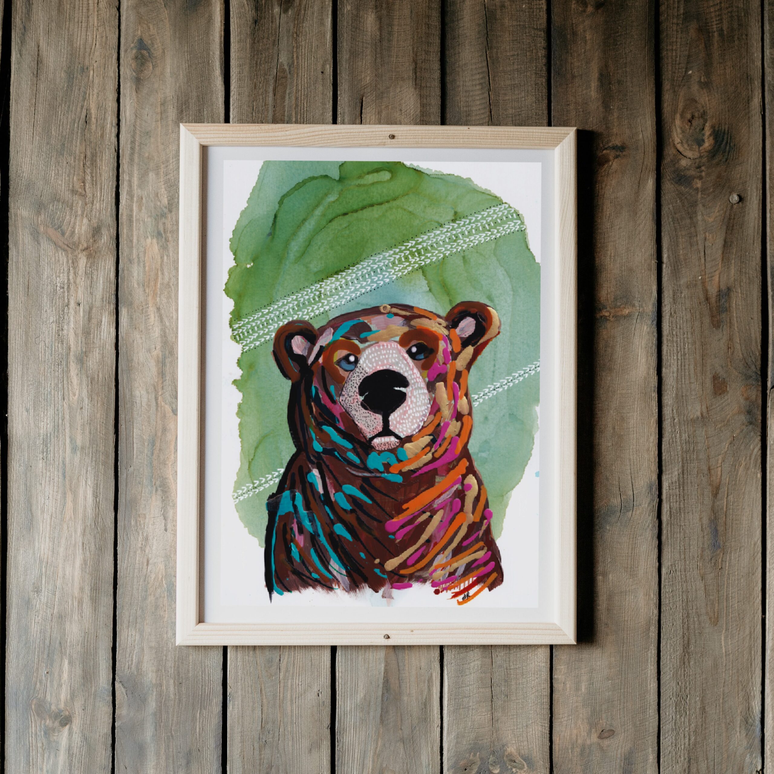 Bear Wildlife Portrait, impressionism painting, Art Print with Green Abstract Background