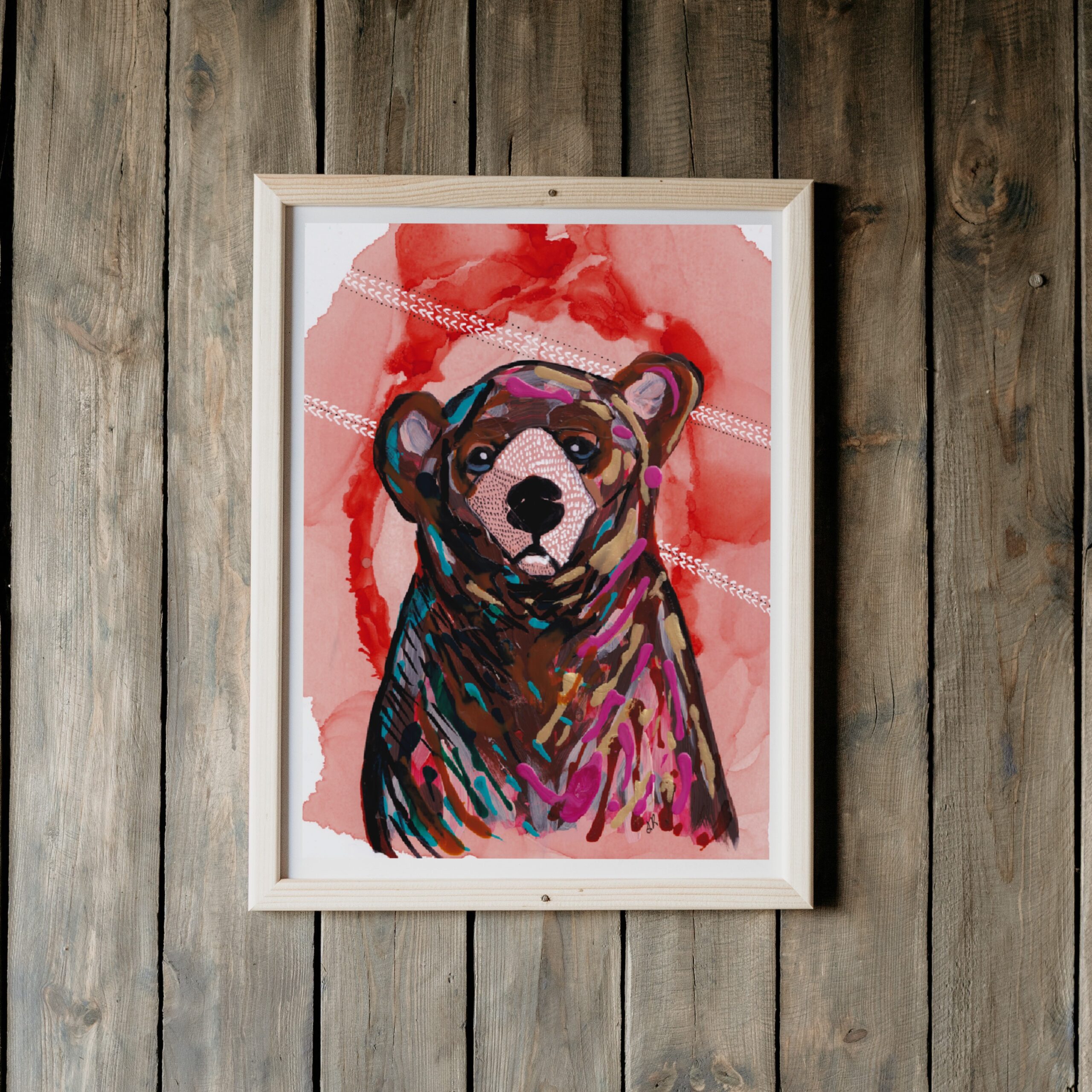 Bear wildlife Portrait, Tired Impressionism painting, Art Print with Orange Background