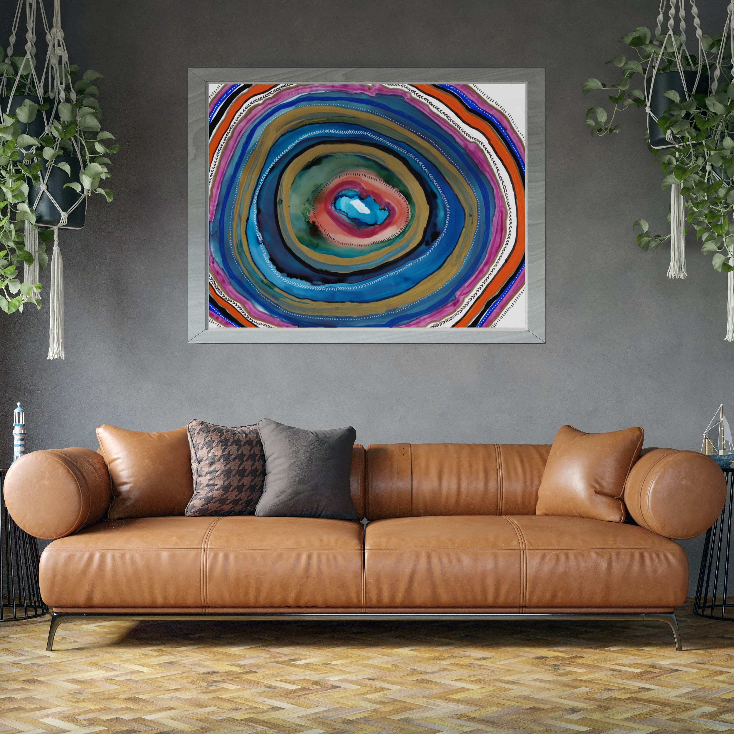 Agate Slice Geode Abstract Painting Art Print Blue Orange Gold
