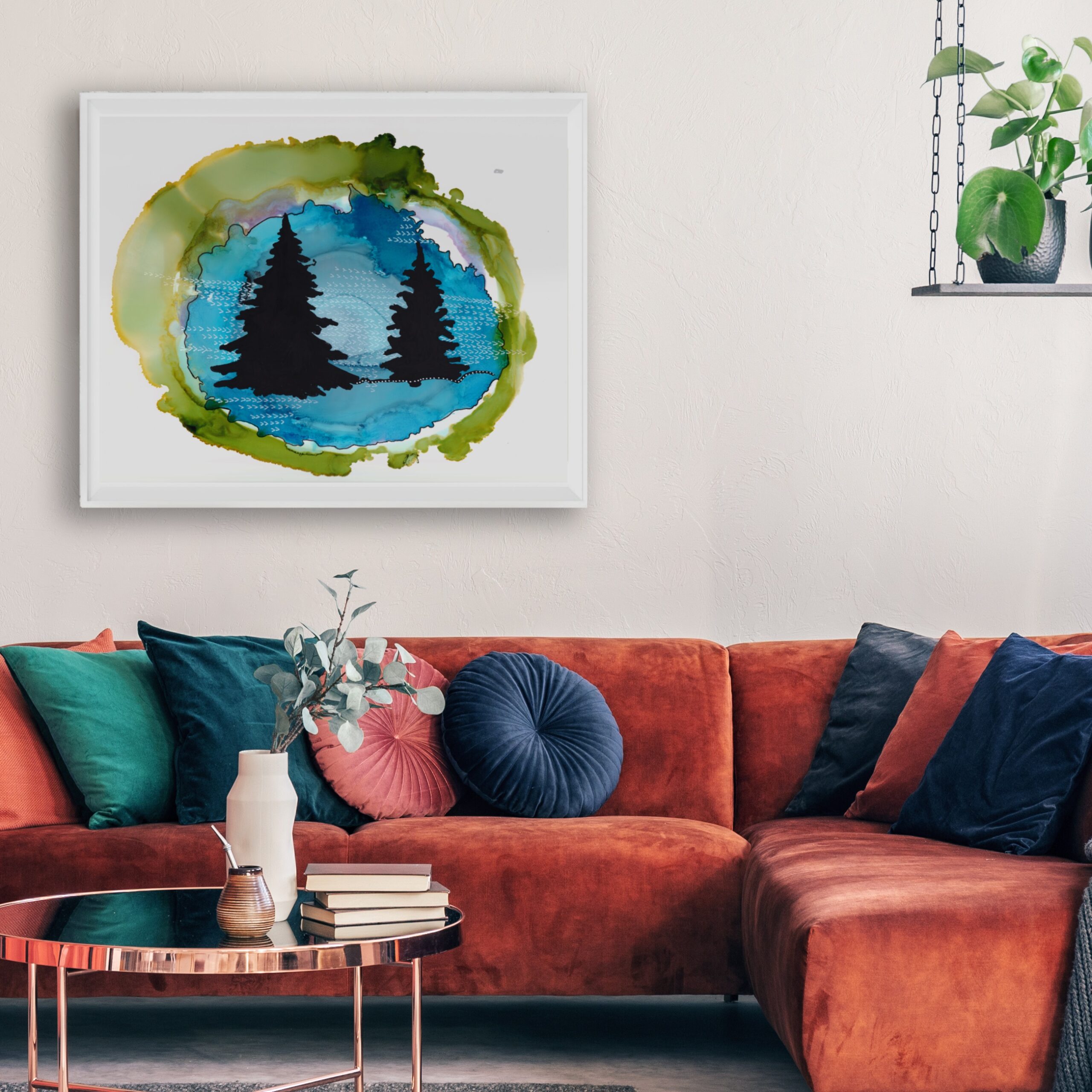 Norway Pine Turquoise Vignette Art Print with Blue and Green