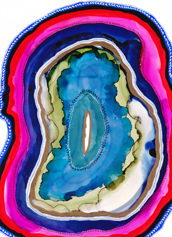 Agate Slice Geode Abstract Painting Art Print Blue Gold Magenta - Image 3