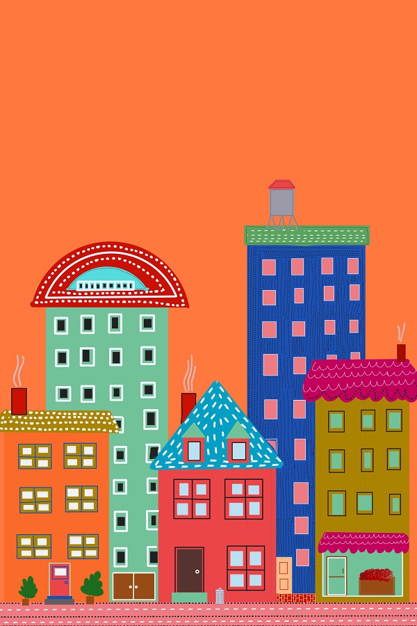 Tangerine Cityscape Folk Style Illustration Urban Morning Art Print - Image 3