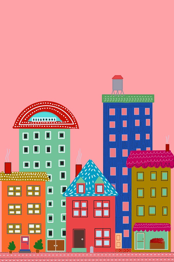 Coral Pink Cityscape Folk Style Illustration Urban afternoon Art Print - Image 3