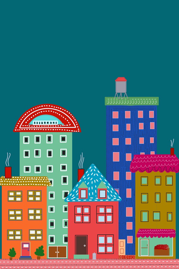 Teal Blue Cityscape Folk Style Illustration Urban Evening Art Print - Image 3