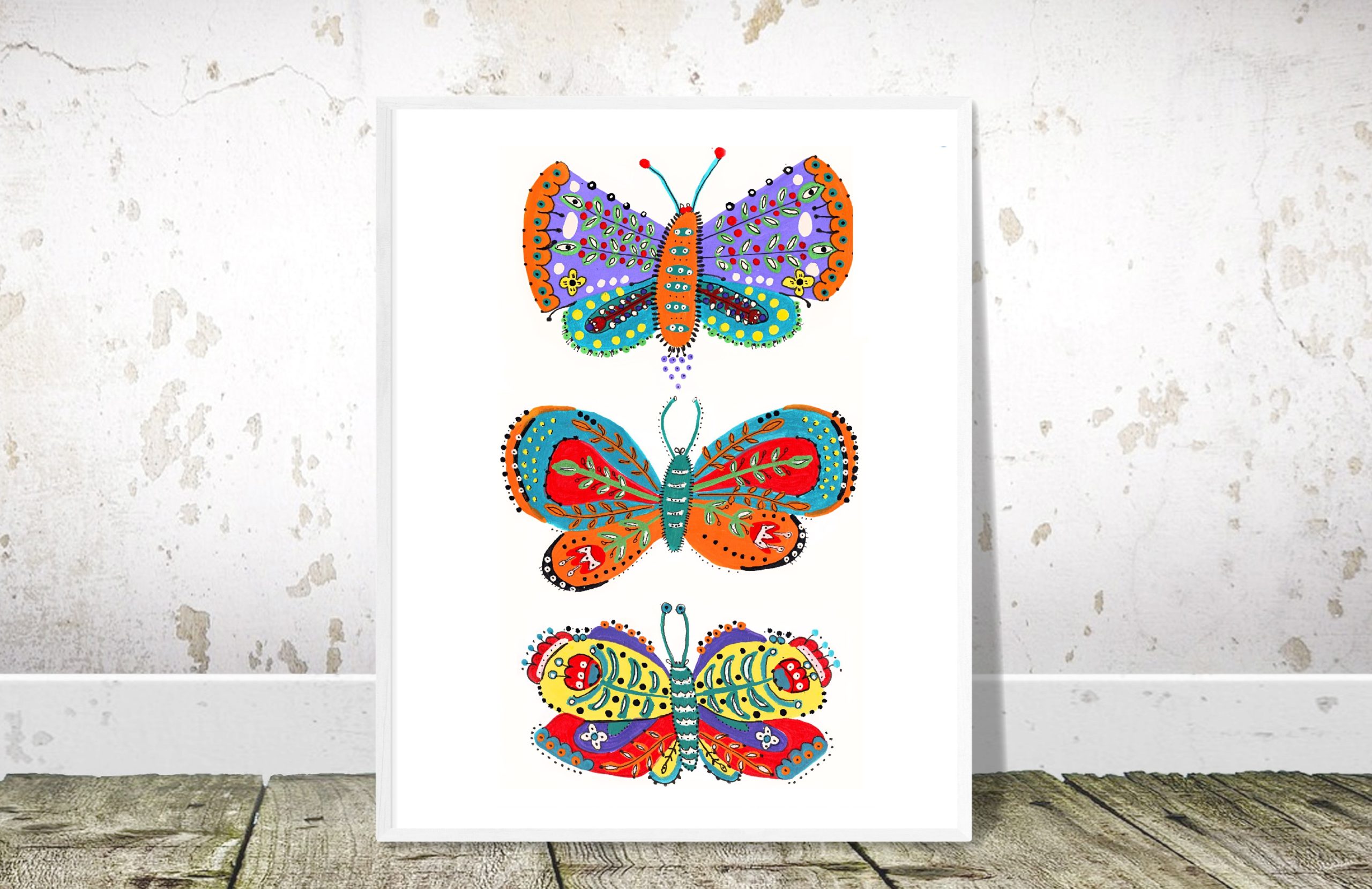 Folk Art Style Butterfly Trio Illustration Art Print - Image 4