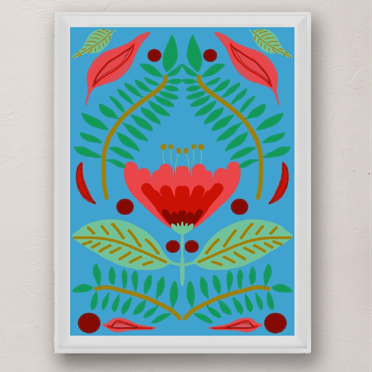 Red Tulip Floral Art Print on Blue Background