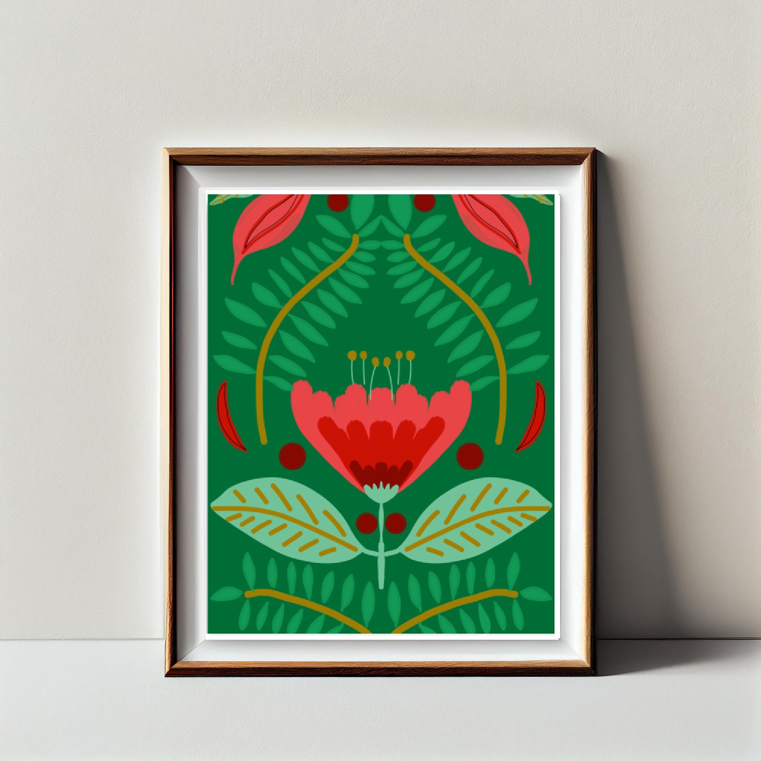 Red Tulip Floral Art Print on Meadow Green Background