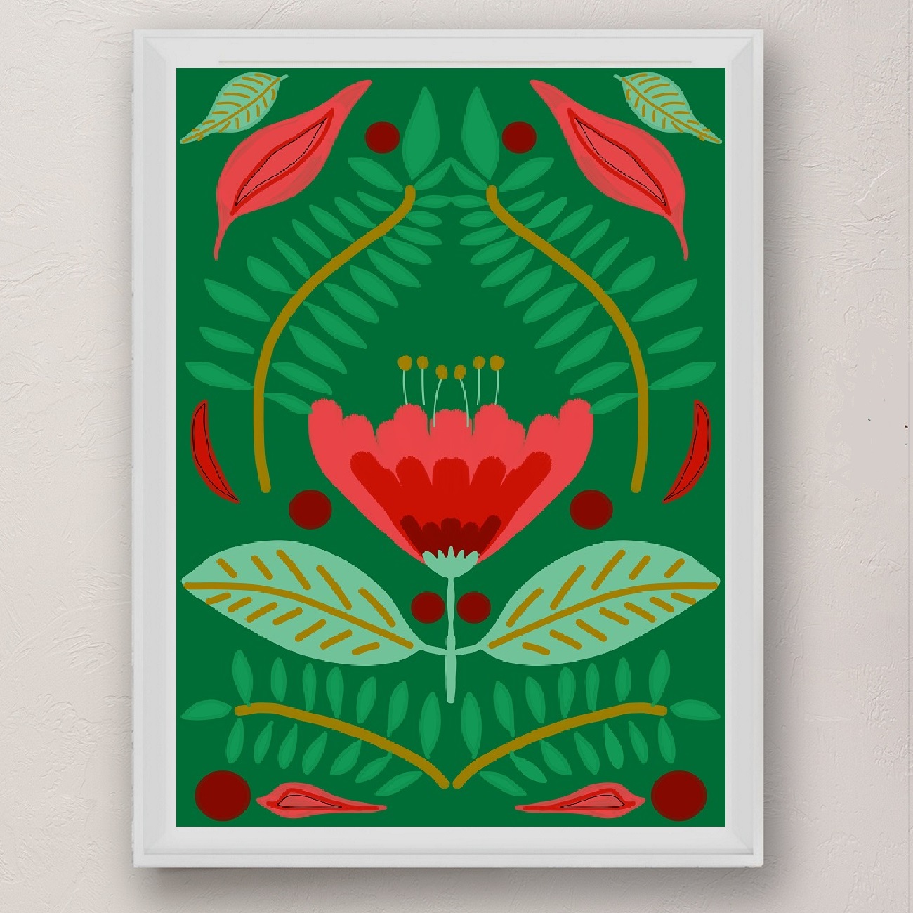 Red Tulip Floral Art Print on Meadow Green Background - Image 3
