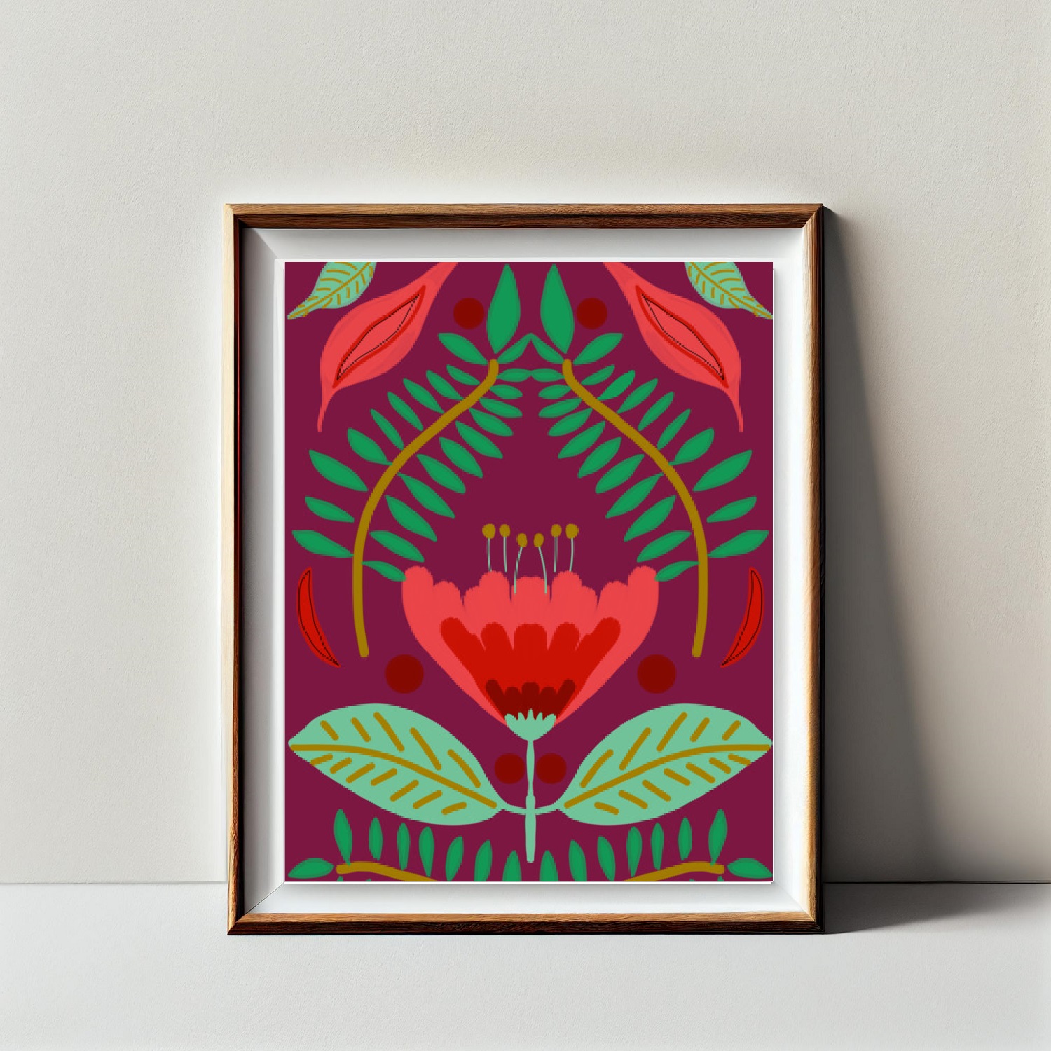 Red Tulip Floral Art Print on Magenta Background