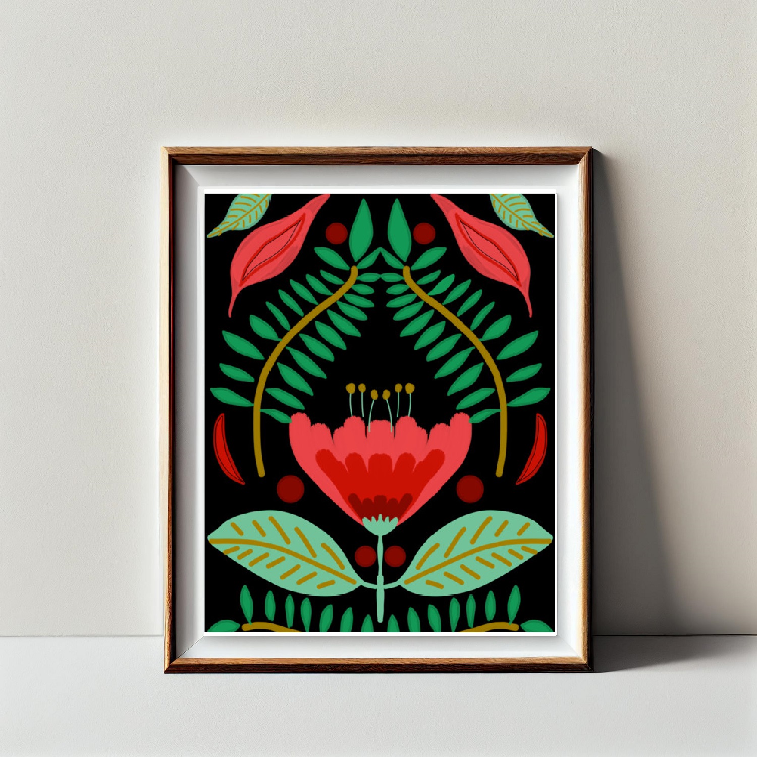 Red Tulip Floral Art Print on Black Background