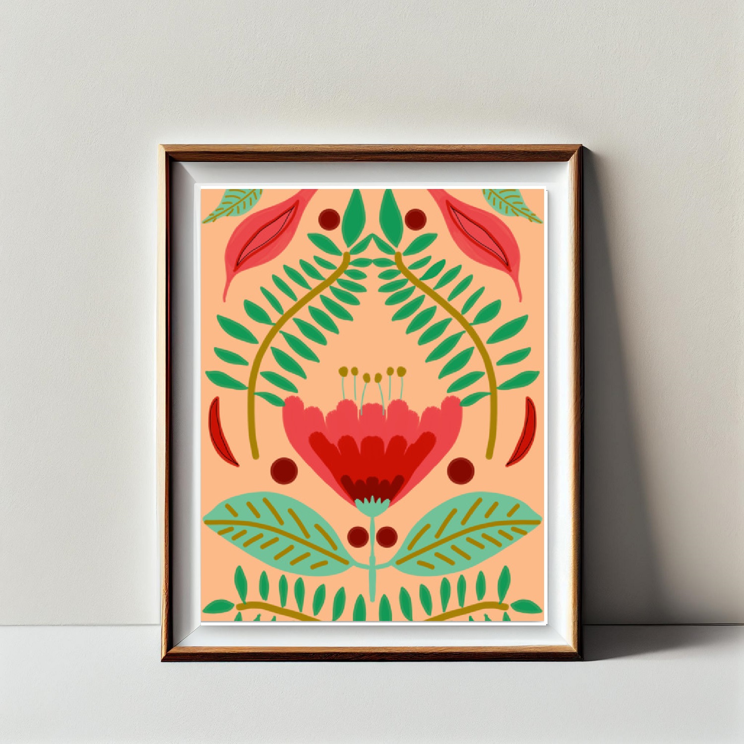 Red Tulip Floral Art Print with Peach Background