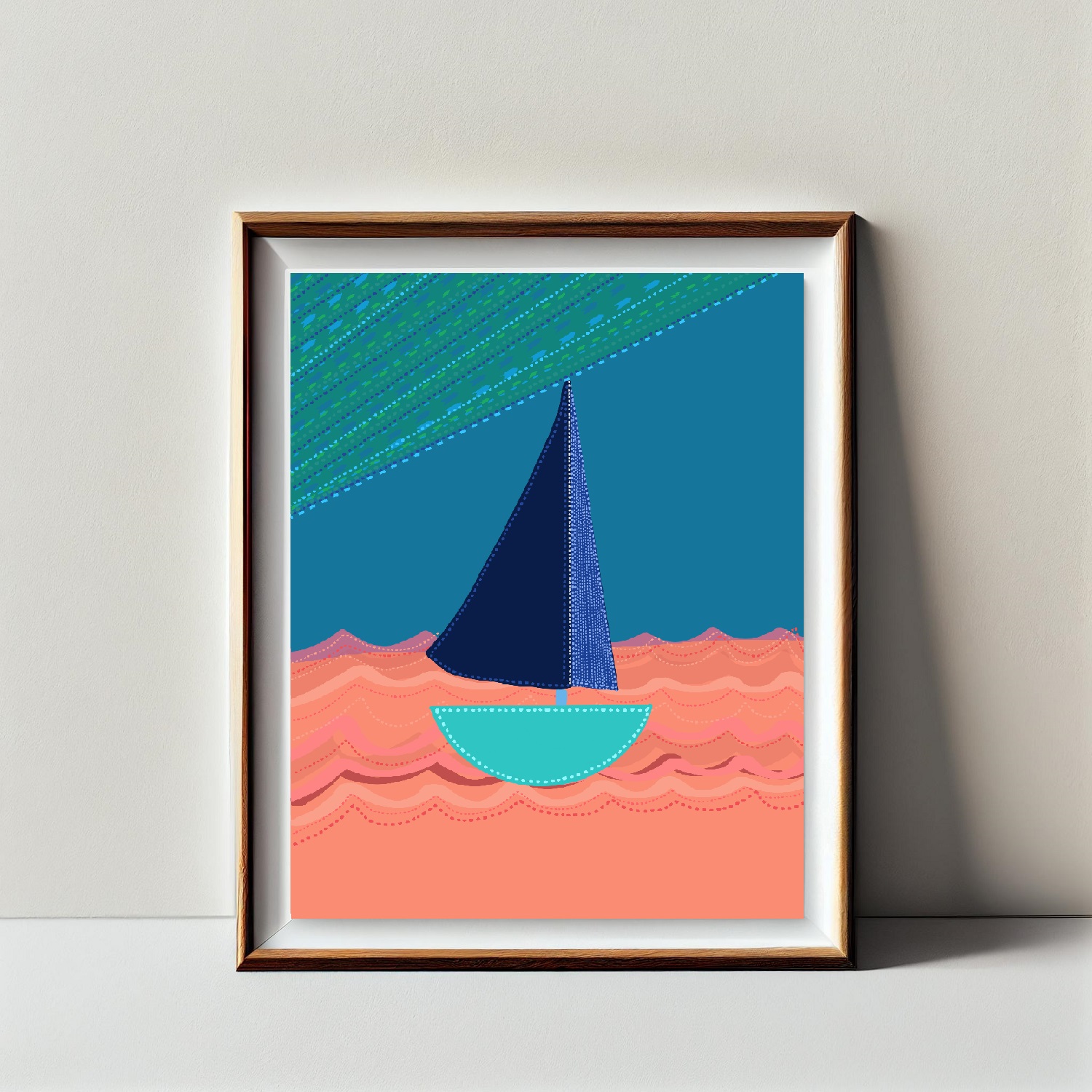 Sailboat Folk Illustration Blue Sunset Art Print