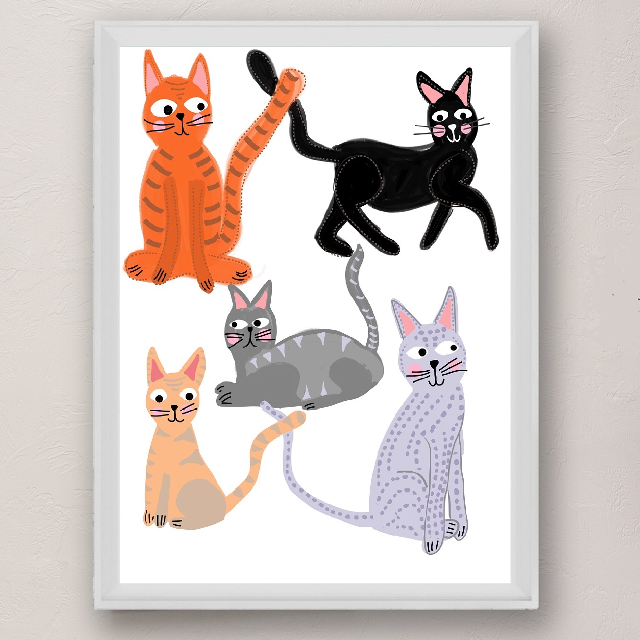 Cats and Friends White Art Print