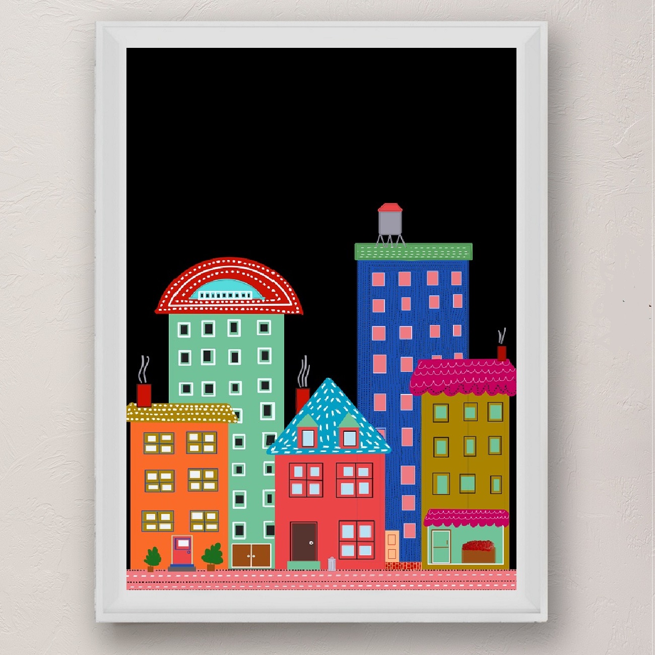 Black Cityscape Folk Style Illustration Urban Evening Art Print