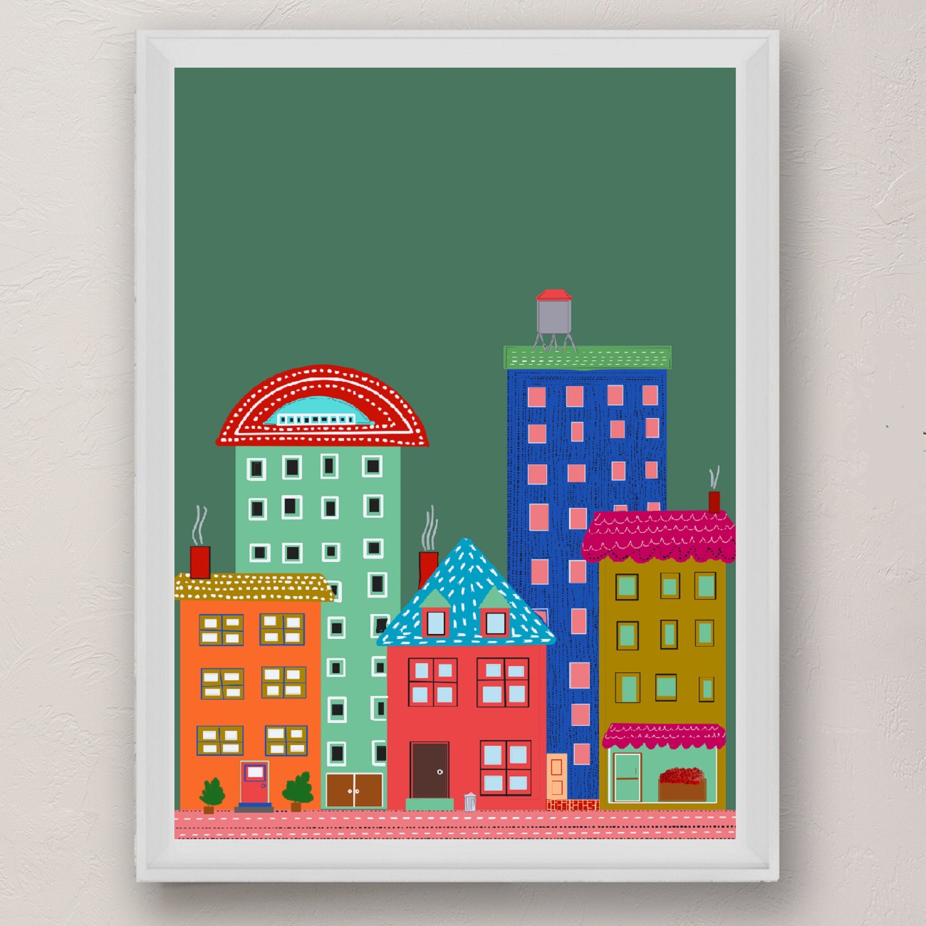 Green Cityscape Folk Style Illustration Urban Evening Art Print