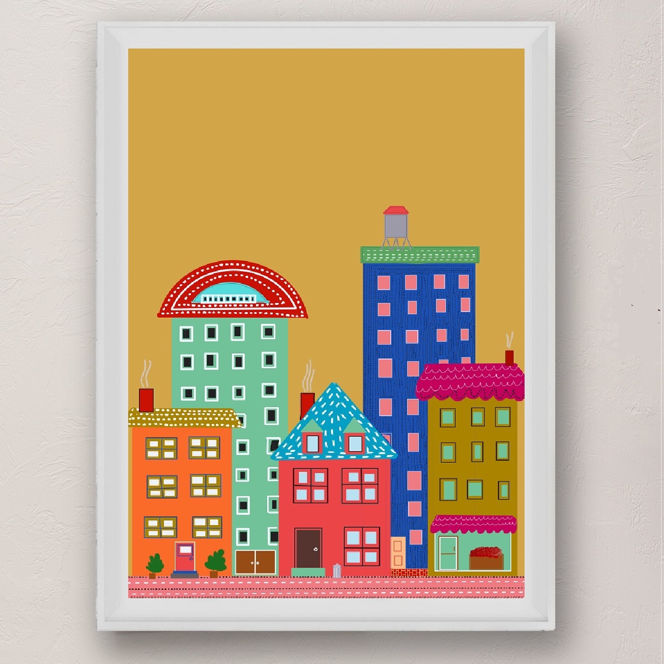 Yellow Cityscape Folk Style Illustration Urban Evening Art Print