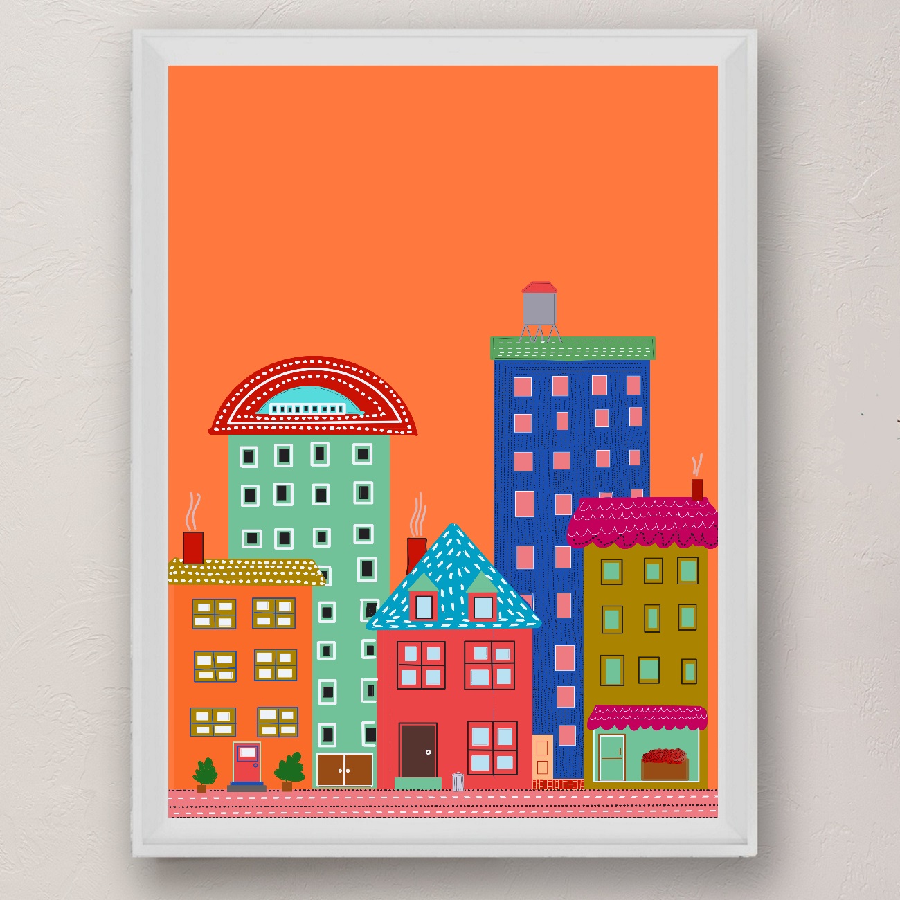 Tangerine Cityscape Folk Style Illustration Urban Morning Art Print