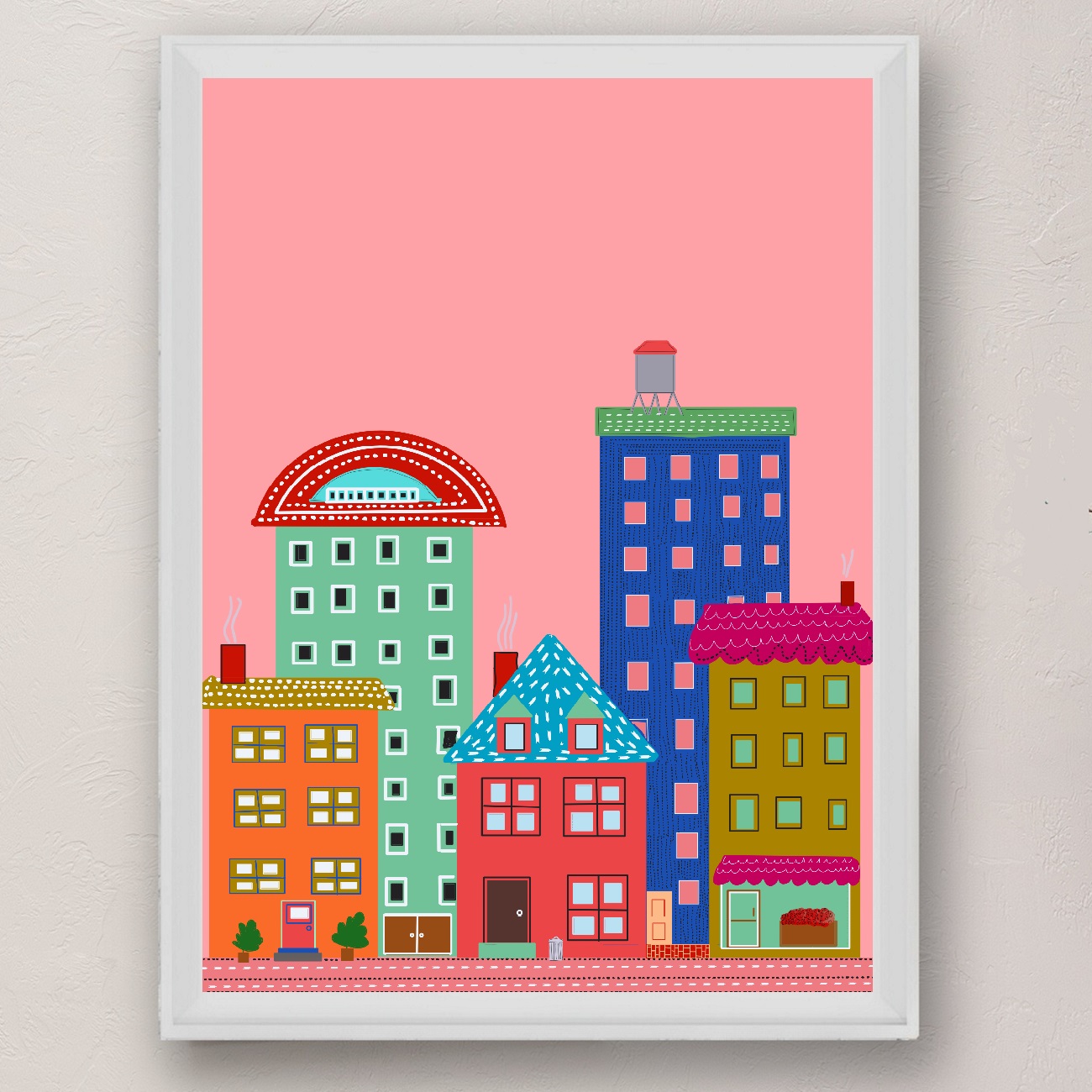 Coral Pink Cityscape Folk Style Illustration Urban afternoon Art Print