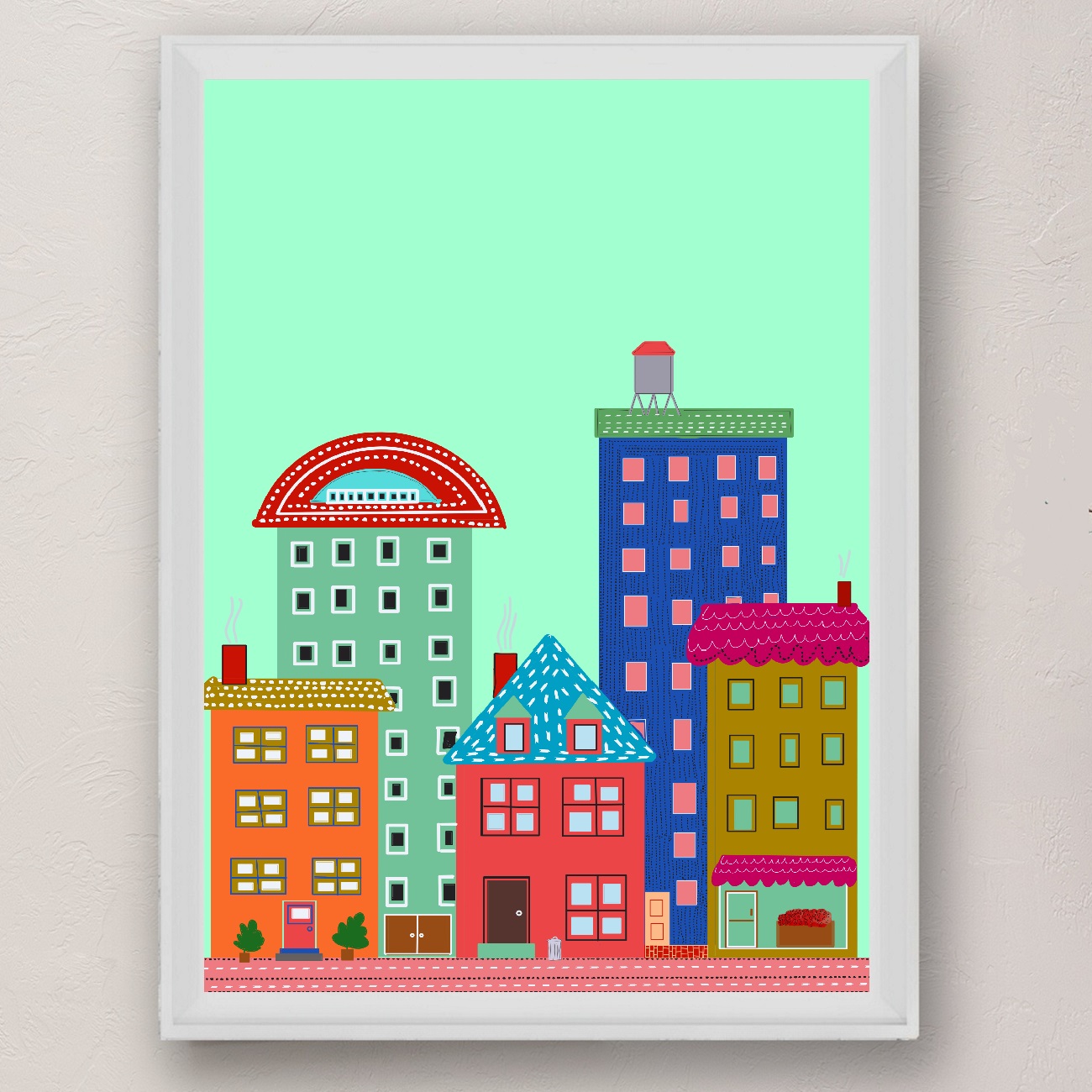 Pistachio Green Cityscape Folk Style Illustration Urban Afternoon Art Print