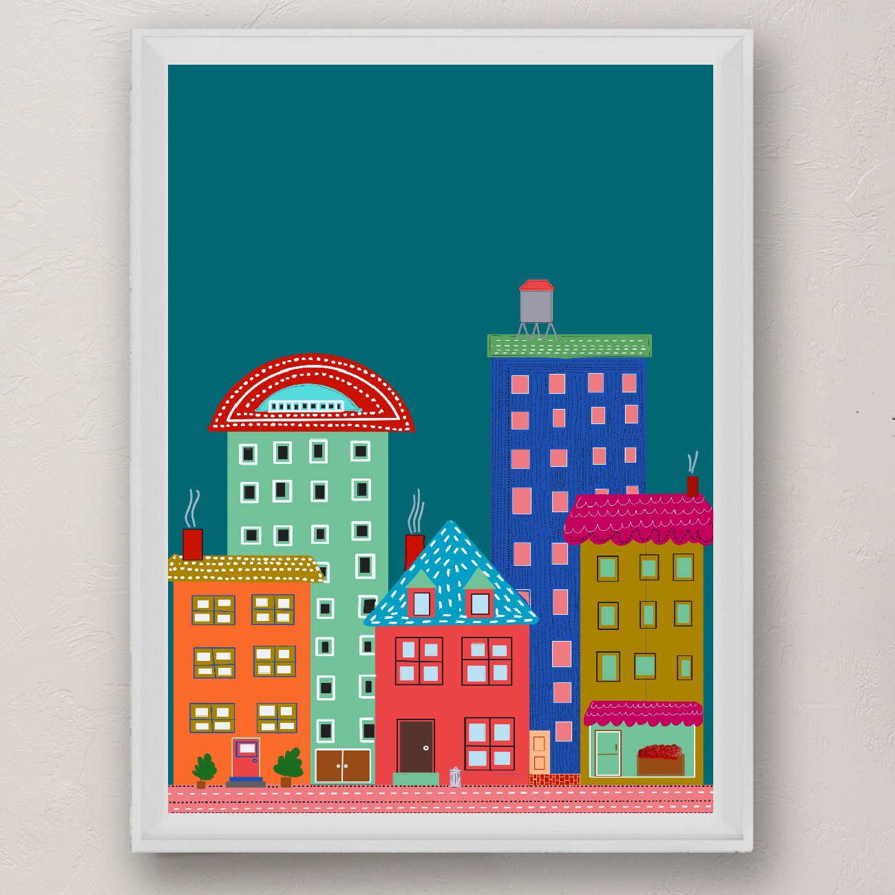 Teal Blue Cityscape Folk Style Illustration Urban Evening Art Print