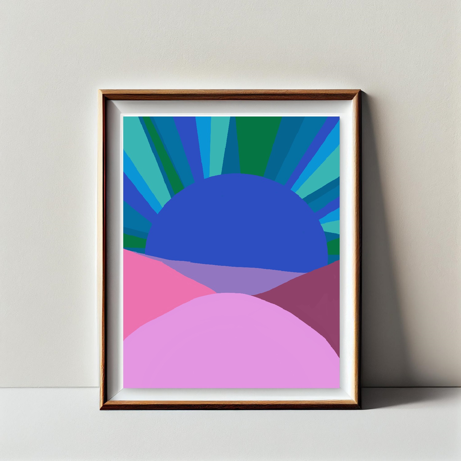 Country Sunset Illustration Retro Art Print Blue and Lavender