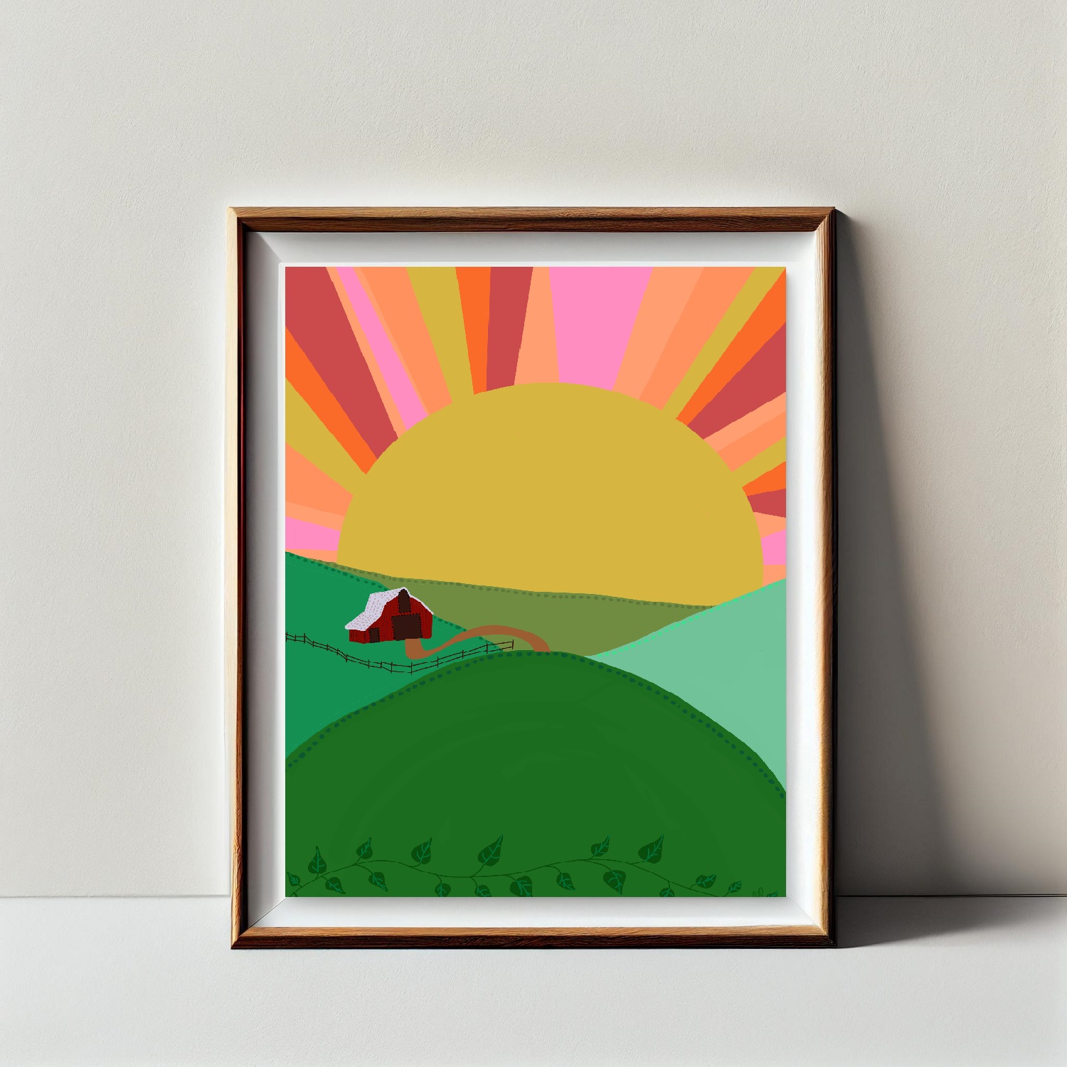Country Sunset Farm Barn Illustration Art Print