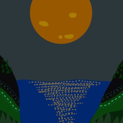Full Moon Lake Shore Forest Evening Slate Illustration Art Print