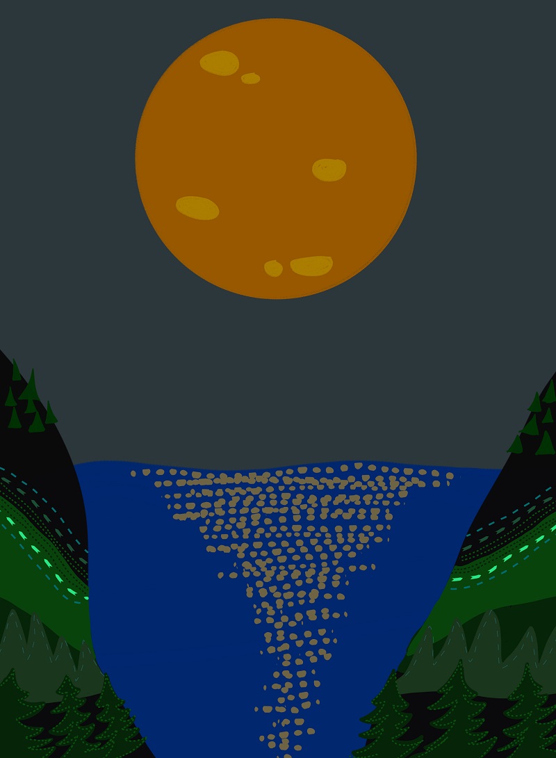 Full Moon Lake Shore Forest Evening Slate Illustration Art Print