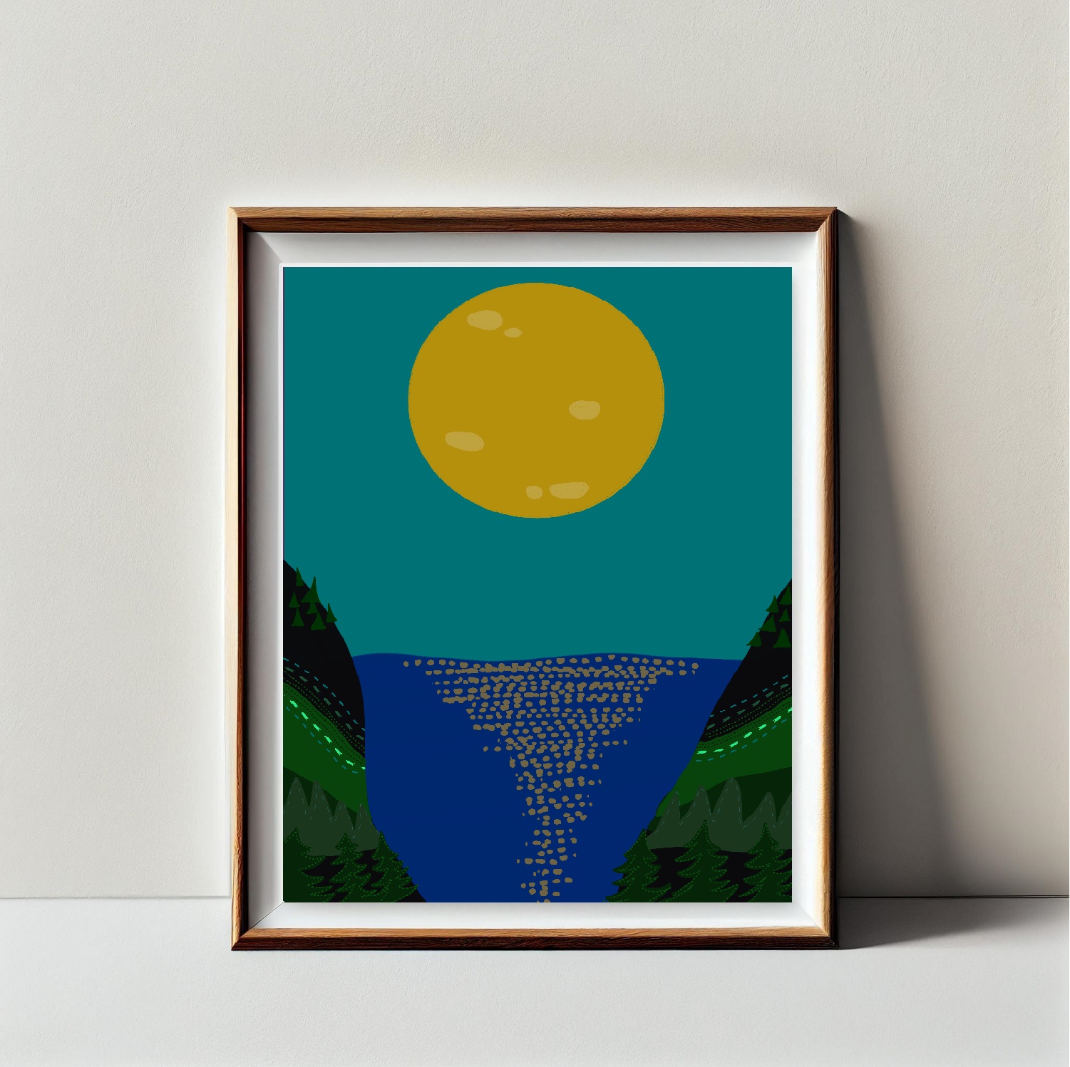 Full Moon Lake Shore Forest Turquoise Blue Illustration Art Print