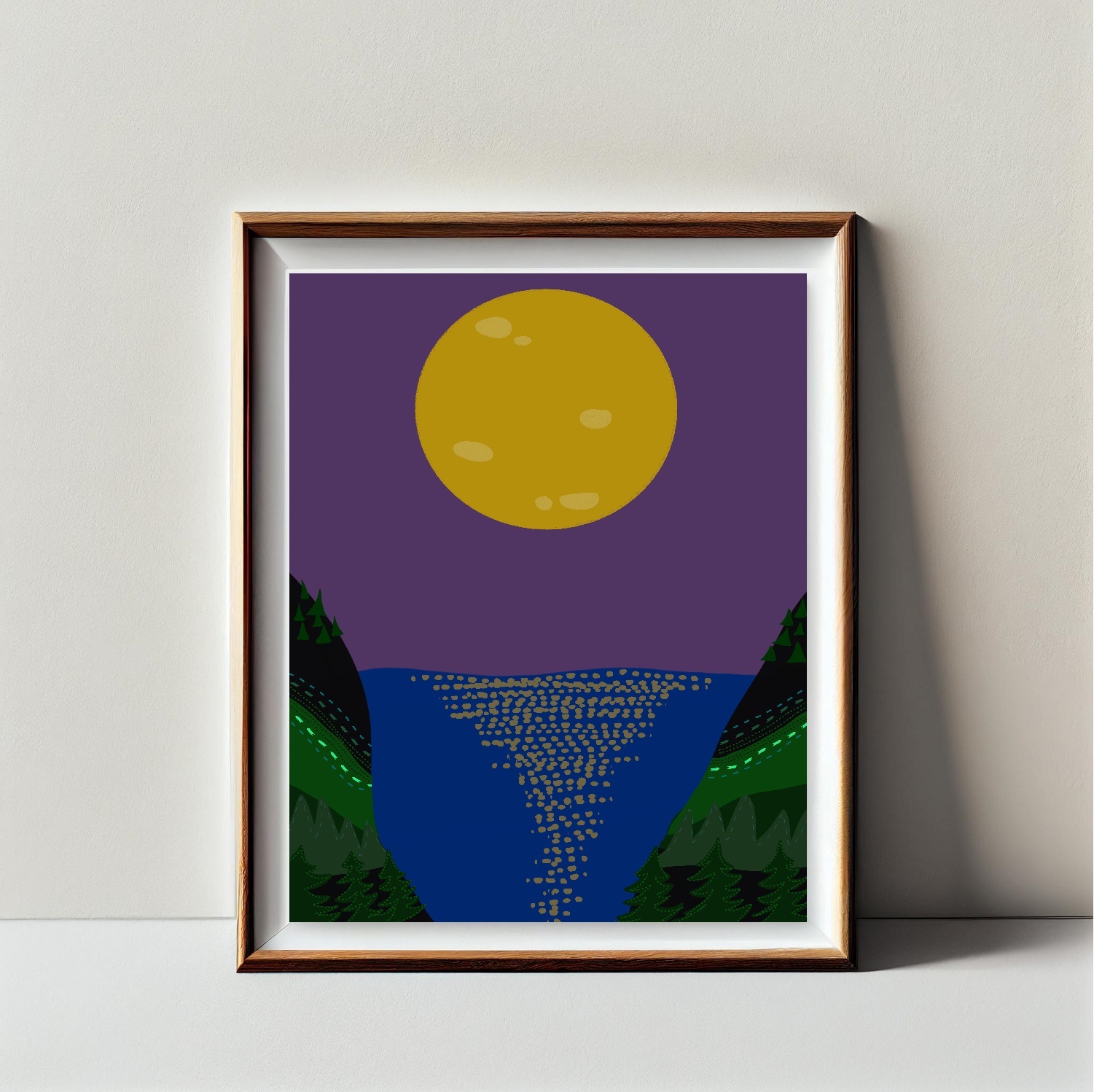 Full Moon Lake Shore Forest Evening Purple Illustration Art Print