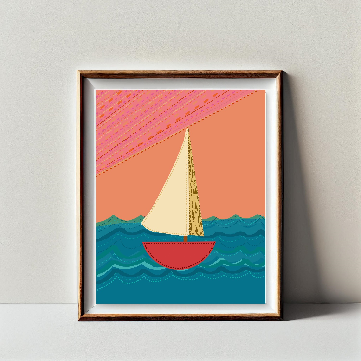 Sailboat Folk Illustration Orange Sunset Art Print