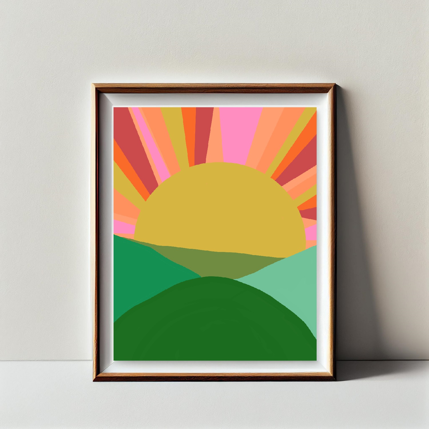 Country Sunset Illustration Art Print Pink and Green