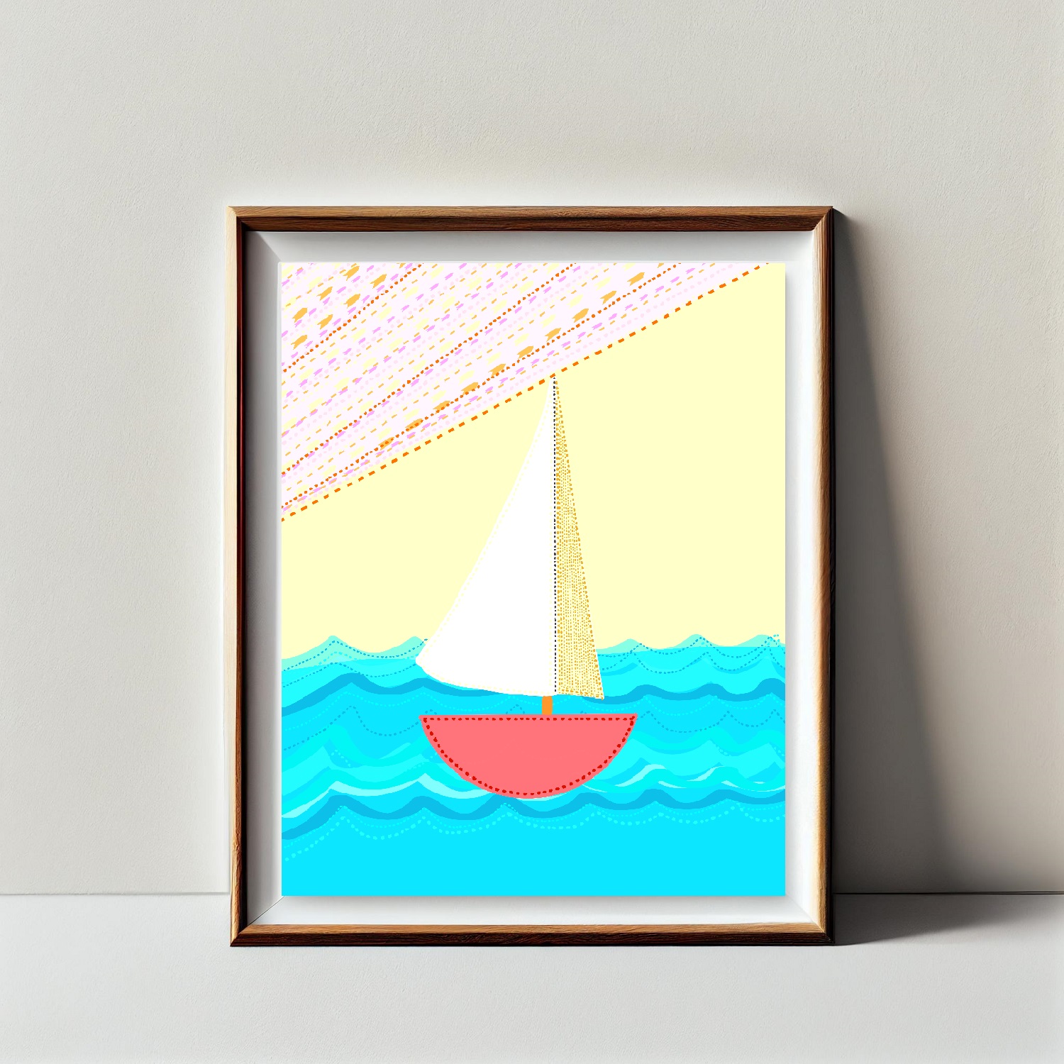 Sailboat Folk Illustration Pale Yellow Art Print