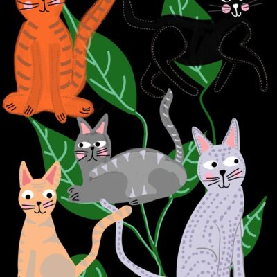 Cats and Leaves Black Art Print