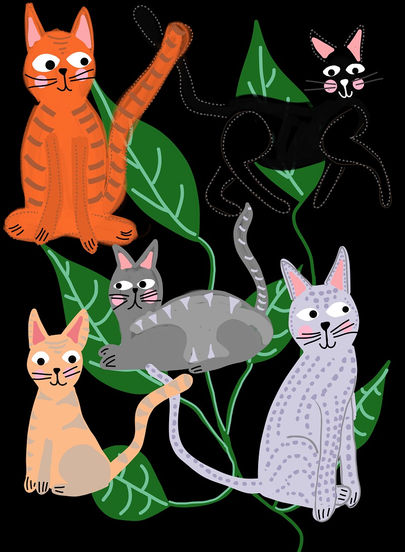 Cats and Leaves Black Art Print